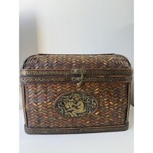 Vintage Hinged Wood Wicker Rattan Copper Woven Basket Storage Chest Trunk 12x9x8